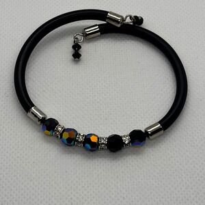 Black Cord Bracelet AB Beads Silver Accents Bangle Fashion Jewelry